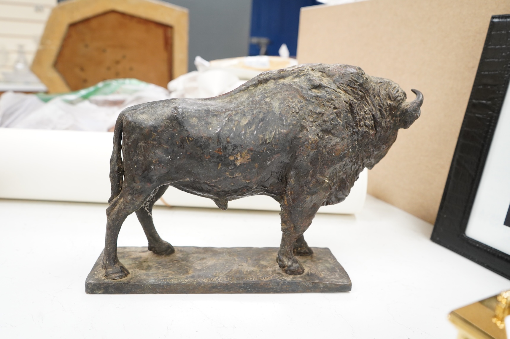 After the Lopienski Brothers, a Polish bronze study of a buffalo, signed, 30cm wide